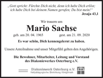 Traueranzeige von Mario Sachse  von Magdeburger Volksstimme