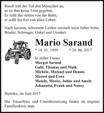 Traueranzeige von Mario Sarand  von Magdeburger Volksstimme