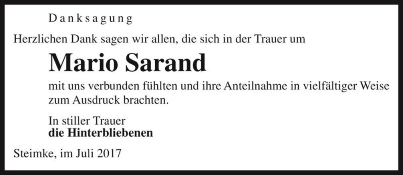  Traueranzeige für Mario Sarand  vom 29.07.2017 aus Magdeburger Volksstimme