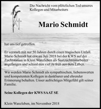 Traueranzeige von Mario Schmidt  von Magdeburger Volksstimme