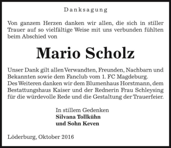 Traueranzeige von Mario Scholz  von Magdeburger Volksstimme