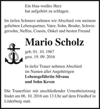 Traueranzeige von Mario Scholz  von Magdeburger Volksstimme