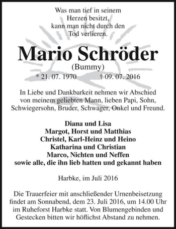 Traueranzeige von Mario Schröder (Bummy)  von Magdeburger Volksstimme