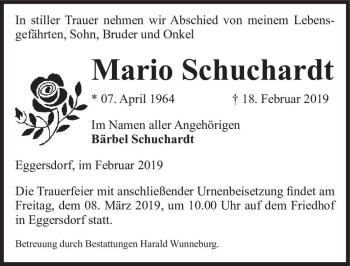 Traueranzeige von Mario Schuchardt  von Magdeburger Volksstimme
