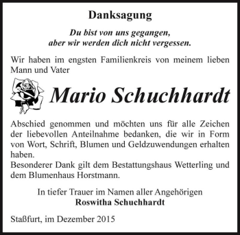 Traueranzeige von Mario Schuchhardt  von Magdeburger Volksstimme