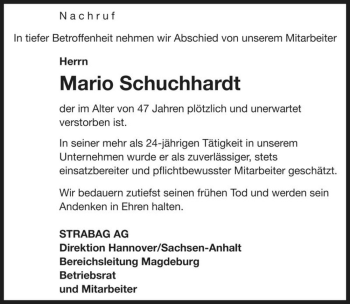 Traueranzeige von Mario Schuchhardt  von Magdeburger Volksstimme
