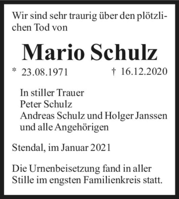 Traueranzeige von Mario Schulz  von Magdeburger Volksstimme