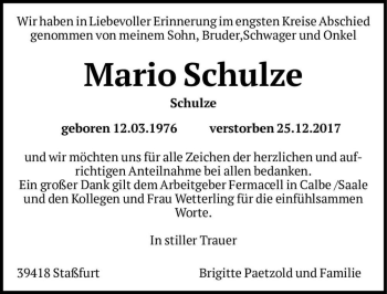 Traueranzeige von Mario Schulze (Schulze)  von Magdeburger Volksstimme