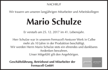 Traueranzeige von Mario Schulze  von Magdeburger Volksstimme