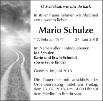 Traueranzeige von Mario Schulze  von Magdeburger Volksstimme