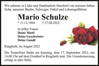 Traueranzeige von Mario Schulze  von Magdeburger Volksstimme
