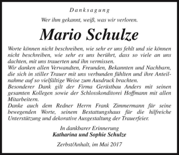 Traueranzeige von Mario Schulze  von Magdeburger Volksstimme