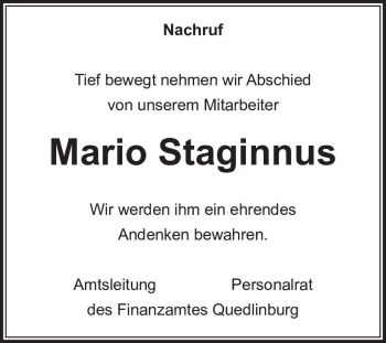 Traueranzeige von Mario Staginnus  von Magdeburger Volksstimme