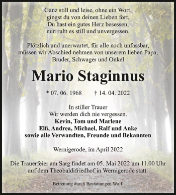 Traueranzeige von Mario Staginnus  von Magdeburger Volksstimme