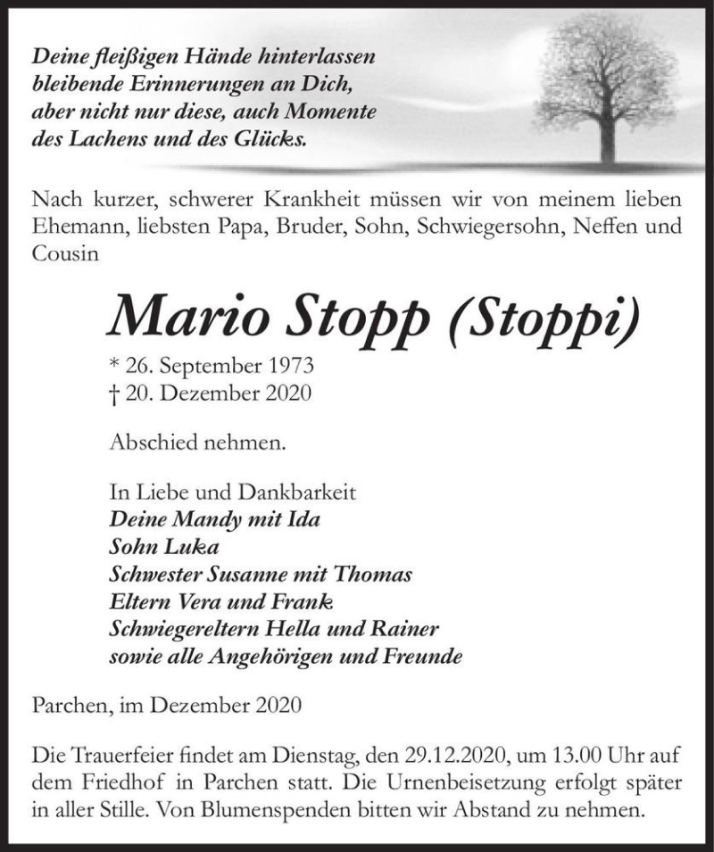  Traueranzeige für Mario Stopp (Stoppi)  vom 23.12.2020 aus Magdeburger Volksstimme