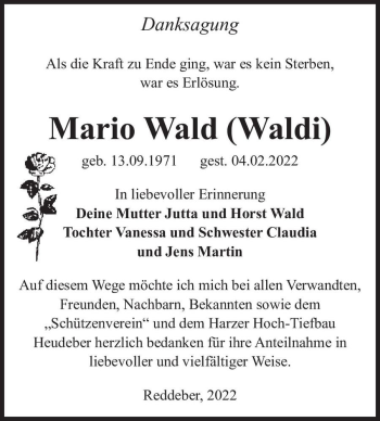 Traueranzeige von Mario Wald (Waldi)  von Magdeburger Volksstimme