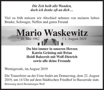 Traueranzeige von Mario Waskewitz  von Magdeburger Volksstimme