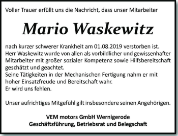 Traueranzeige von Mario Waskewitz  von Magdeburger Volksstimme
