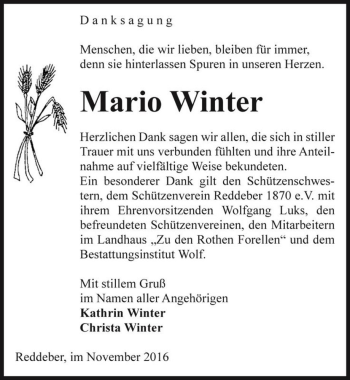 Traueranzeige von Mario Winter  von Magdeburger Volksstimme
