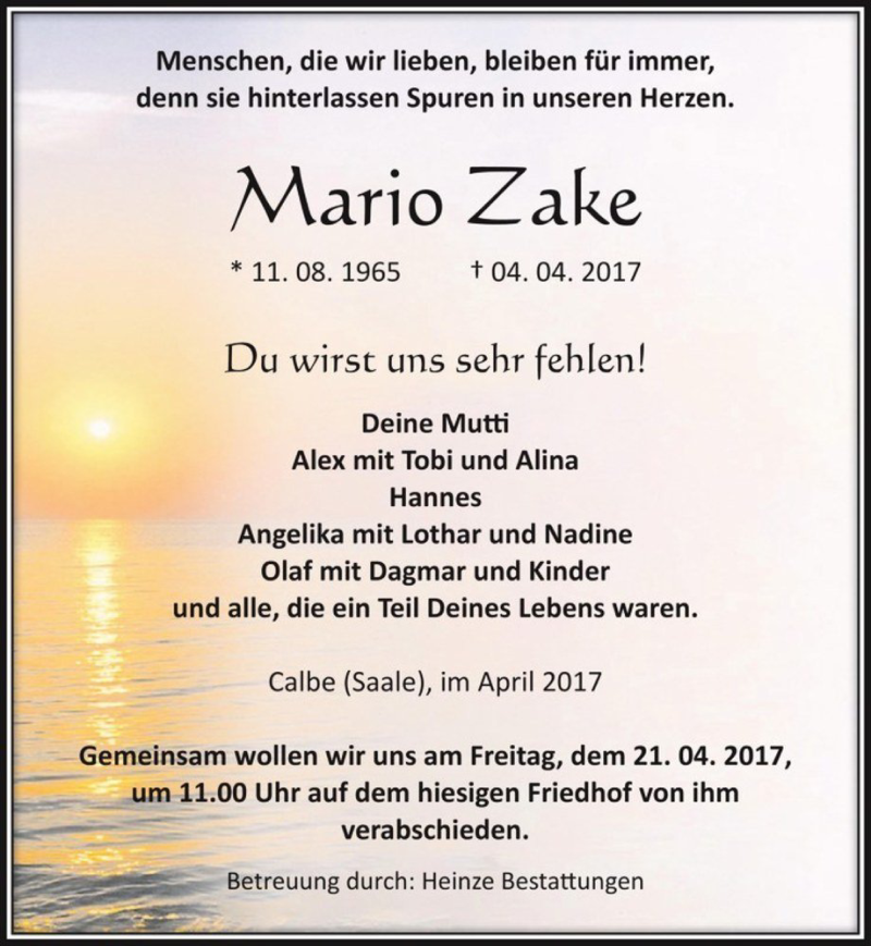  Traueranzeige für Mario Zake  vom 08.04.2017 aus Magdeburger Volksstimme