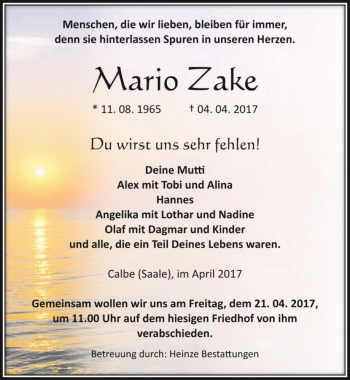Traueranzeige von Mario Zake  von Magdeburger Volksstimme