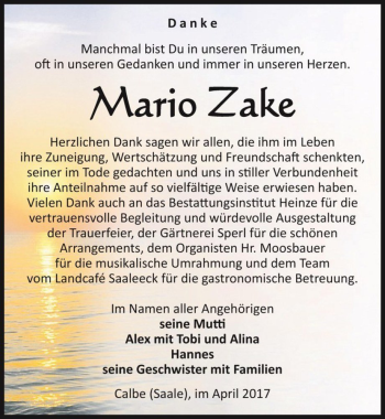 Traueranzeige von Mario Zake  von Magdeburger Volksstimme
