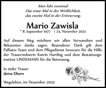 Traueranzeige von Mario Zawisla  von Magdeburger Volksstimme