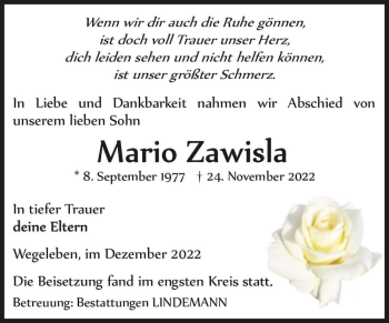 Traueranzeige von Mario Zawisla  von Magdeburger Volksstimme