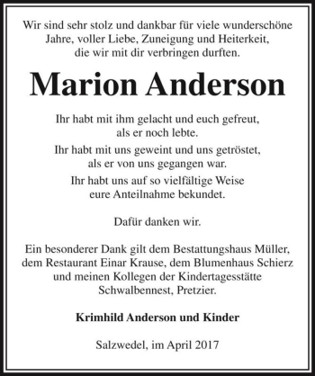 Traueranzeige von Marion Anderson  von Magdeburger Volksstimme