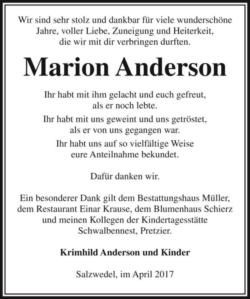  Traueranzeige für Marion Anderson  vom 28.04.2017 aus Magdeburger Volksstimme