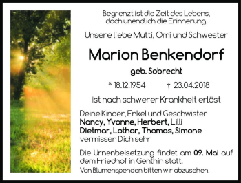 Traueranzeige von Marion Benkendorf (geb. Sobrecht)  von Magdeburger Volksstimme