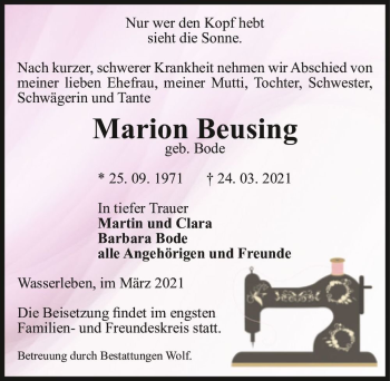 Traueranzeige von Marion Beusing (geb. Bode)  von Magdeburger Volksstimme
