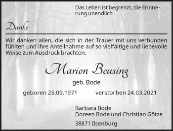 Traueranzeige von Marion Beusing (geb. Bode)  von Magdeburger Volksstimme