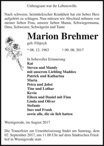 Traueranzeige von Marion Brehmer (geb. Filipzyk)  von Magdeburger Volksstimme