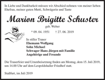 Traueranzeige von Marion Brigitte Schuster (geb. Weber)  von Magdeburger Volksstimme