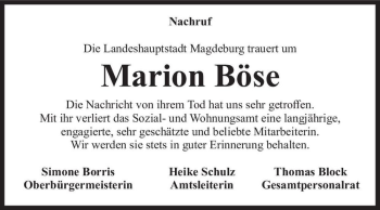 Traueranzeige von Marion Böse  von Magdeburger Volksstimme