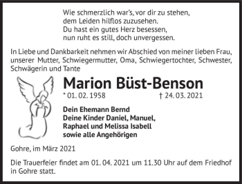 Traueranzeige von Marion Büst-Benson  von Magdeburger Volksstimme