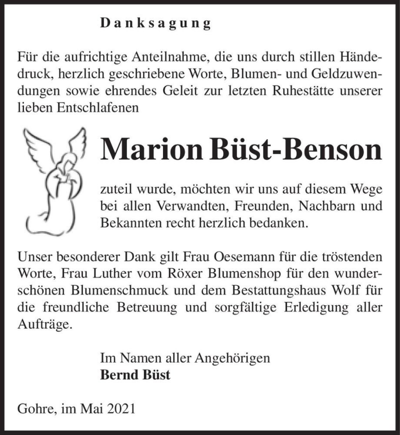  Traueranzeige für Marion Büst-Benson  vom 08.05.2021 aus Magdeburger Volksstimme