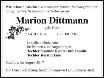 Traueranzeige von Marion Dittmann (geb. Garz)  von Magdeburger Volksstimme