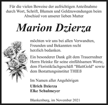 Traueranzeige von Marion Dzierza  von Magdeburger Volksstimme