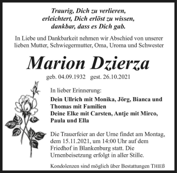 Traueranzeige von Marion Dzierza  von Magdeburger Volksstimme