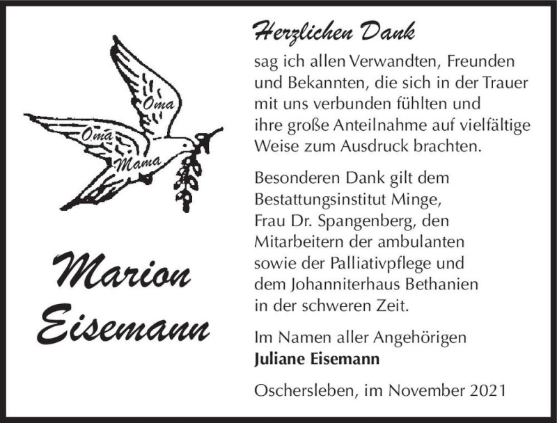  Traueranzeige für Marion Eisemann  vom 20.11.2021 aus Magdeburger Volksstimme