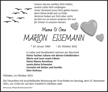 Traueranzeige von Marion Eisemann  von Magdeburger Volksstimme