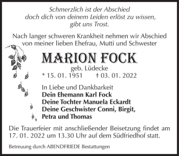Traueranzeige von Marion Fock (geb. Lüdecke)  von Magdeburger Volksstimme