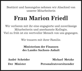 Traueranzeige von Marion Friedl  von Magdeburger Volksstimme
