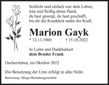 Traueranzeige von Marion Gayk  von Magdeburger Volksstimme