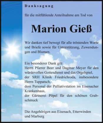 Traueranzeige von Marion Gieß  von Magdeburger Volksstimme