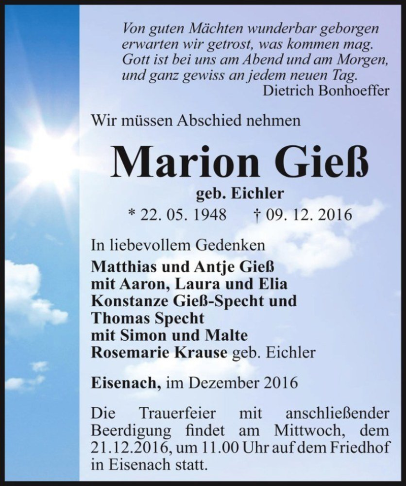  Traueranzeige für Marion Gieß (geb. Eichler)  vom 14.12.2016 aus Magdeburger Volksstimme