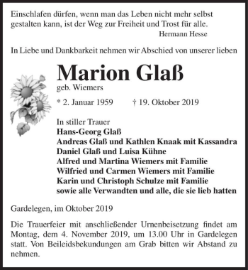 Traueranzeige von Marion Glaß (geb. Wiemers)  von Magdeburger Volksstimme