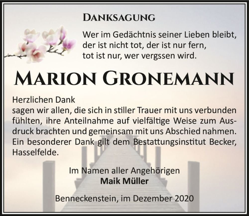  Traueranzeige für Marion Gronemann  vom 30.12.2020 aus Magdeburger Volksstimme